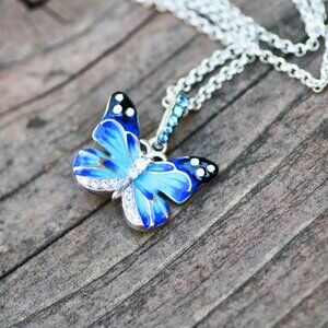 Enamel Blue Morpho Butterfly Pendant 925 Sterling Silver , No Chain